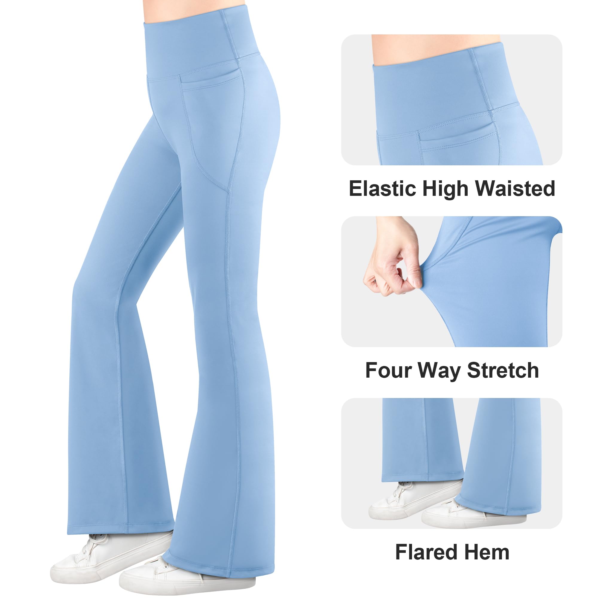 BIG ELEPHANT Mallas Acampanadas para Niña con Bolsillos, Pantalones de Yoga Bootcut de Cintura Alta para Niñas