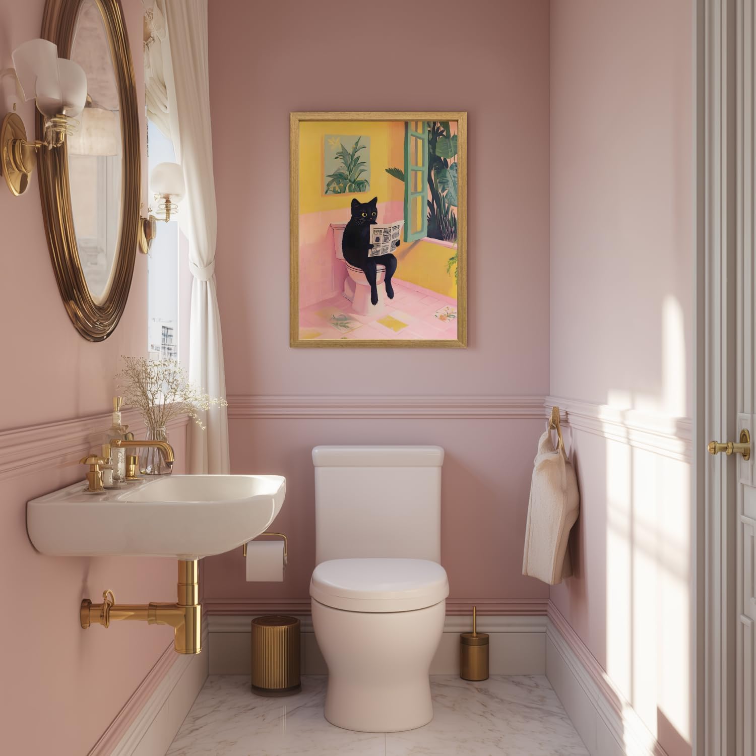 Cyebmo Funny Bathroom Wall Art, Cute Black Cat Sitting on Toilet Reading Newspaper Wall Decor, Whimsical Pink Abstract Animal Canvas Artwork for Bathroom Kid's Restroom Bedroom Wood Framed 12x16 Inch