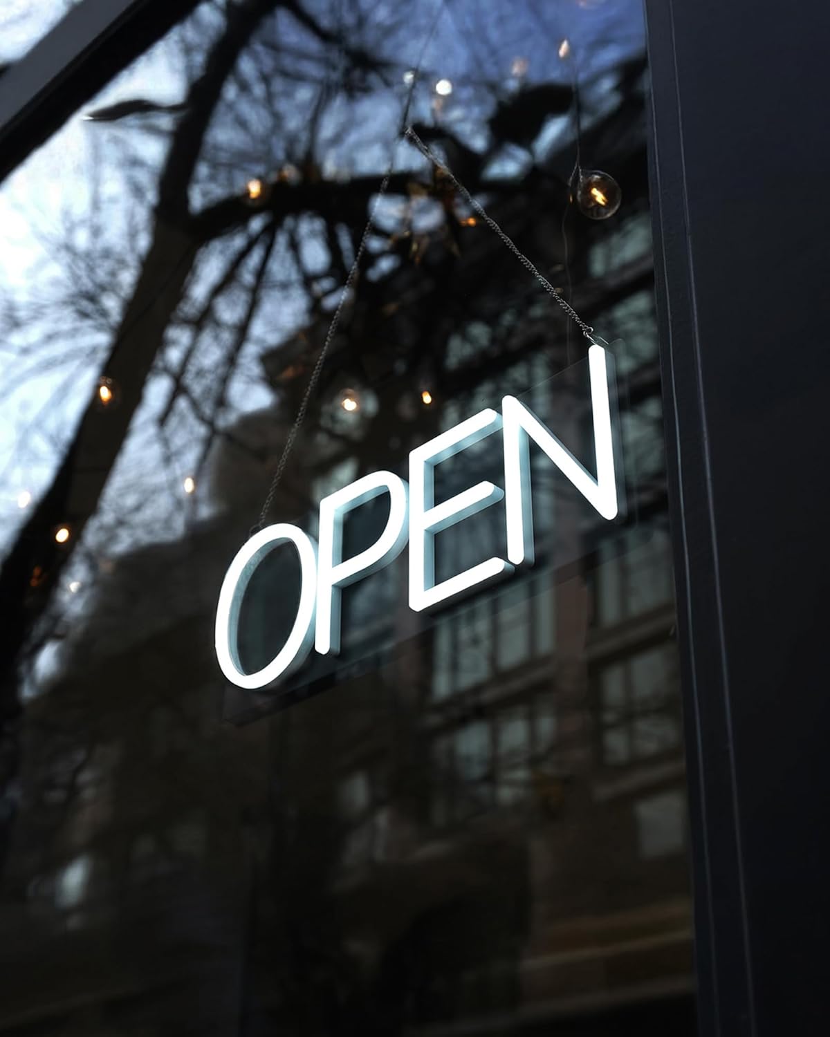 HiNeon White Neon Open Sign 20inx7in LED Light w/Remote Controller, Electric Light Up Open Sign for Business Store, w/Hanging Chain for Shop Windows, Direct Plug-In w/ 12V Power Adapter