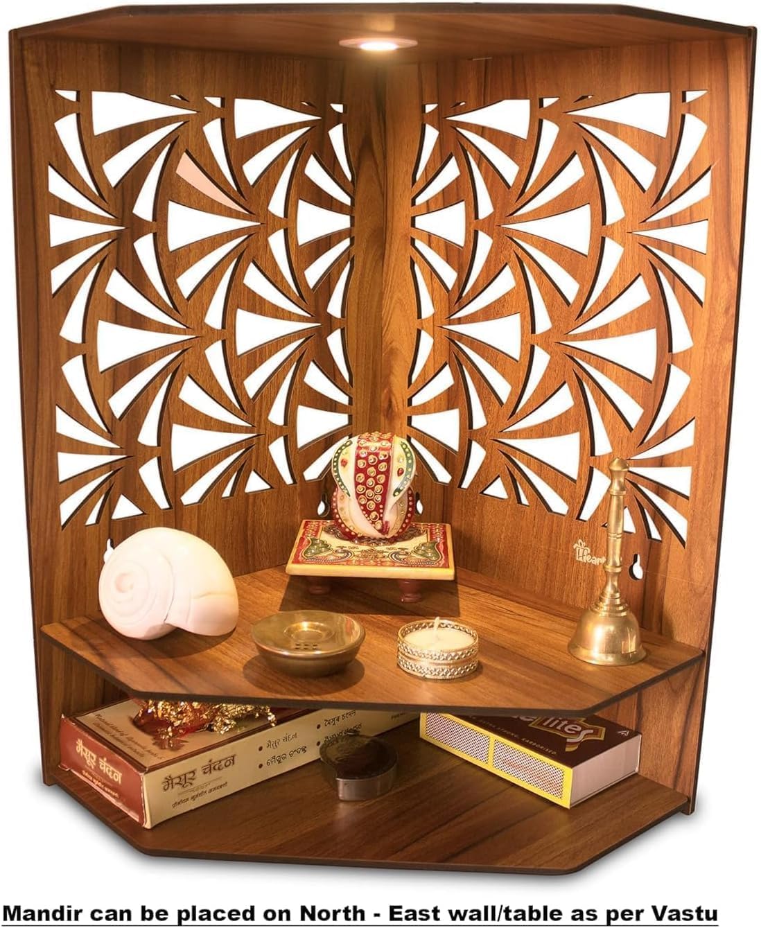 Wooden Corner Pooja Mandir for Home & Office, Wall Mounted & Tabletop Hindu Temple with 2W LED Spotlight, Decorative Indian Puja Mandir for Corner Wall Space, H 17 x L 10 x W 15 Inch