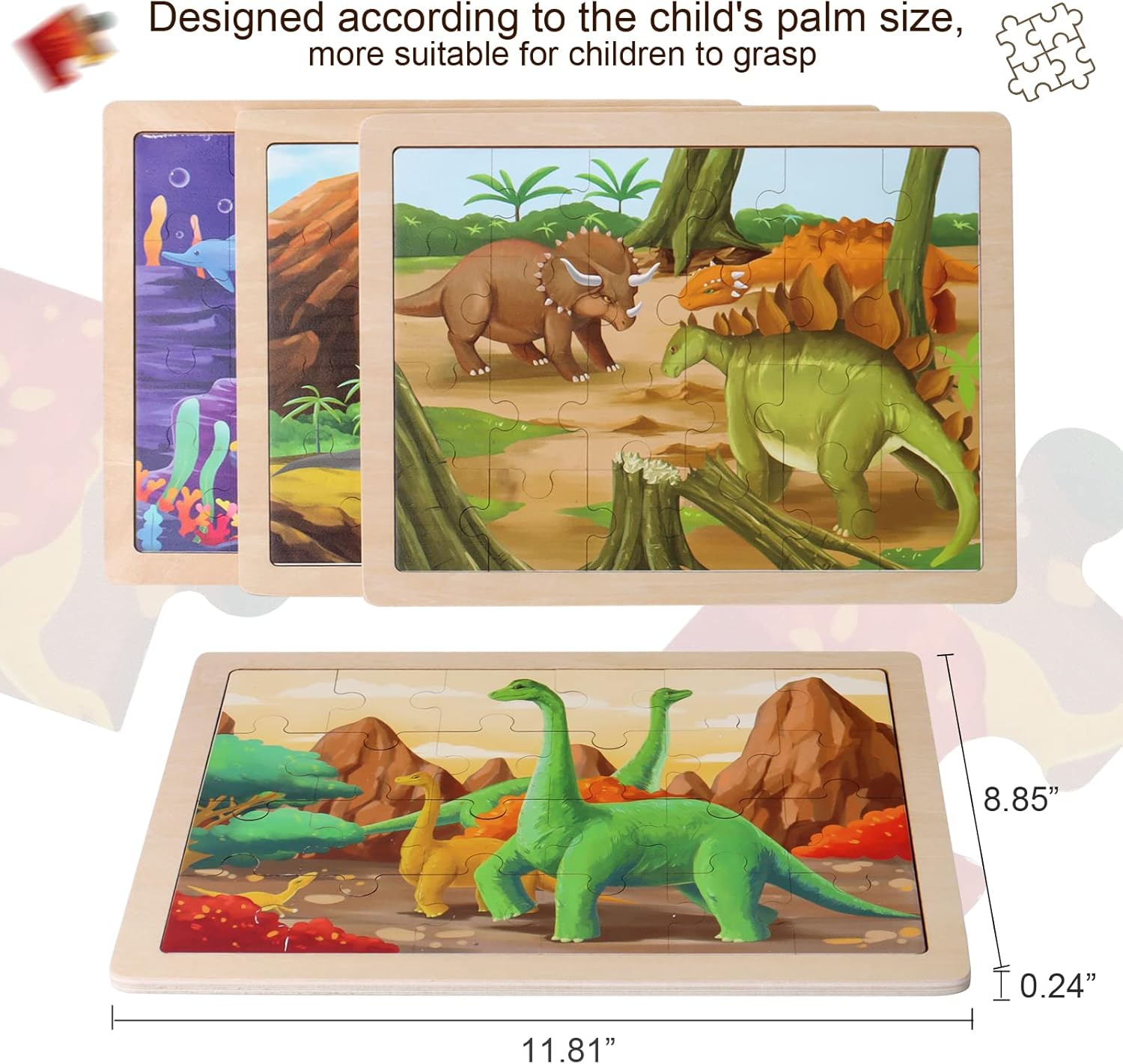 BESTAMTOY Wooden Dinosaur Puzzles for Kids Ages 3-5.4 Packs 24 PCs Jigsaw Puzzles Preschool Educational Brain Teaser Boards Toys Montessori Toys for 3 Years Old and Up