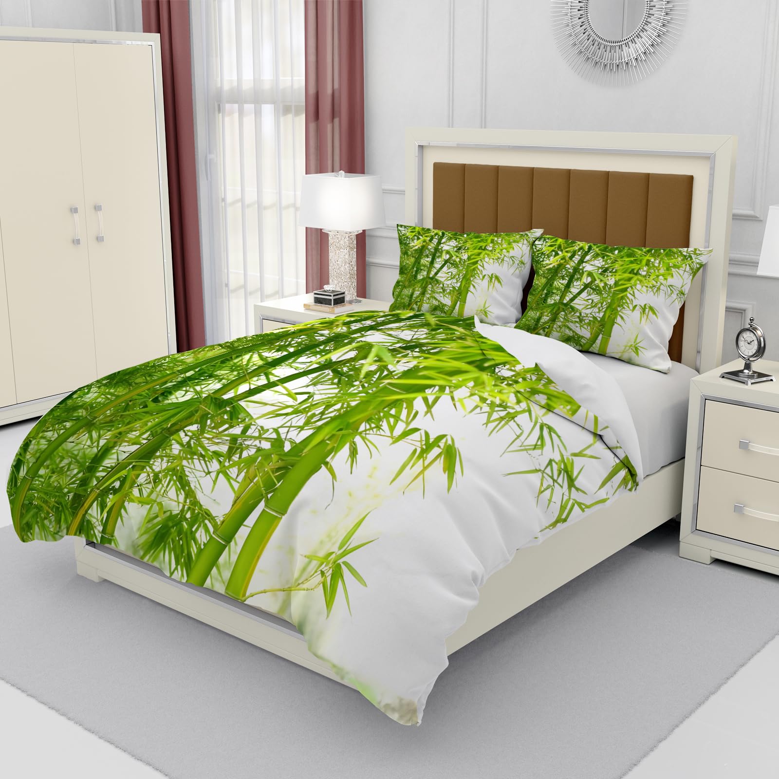 Housse de couette 220x240 motif bambou parure de lit 2 personnes microfibre