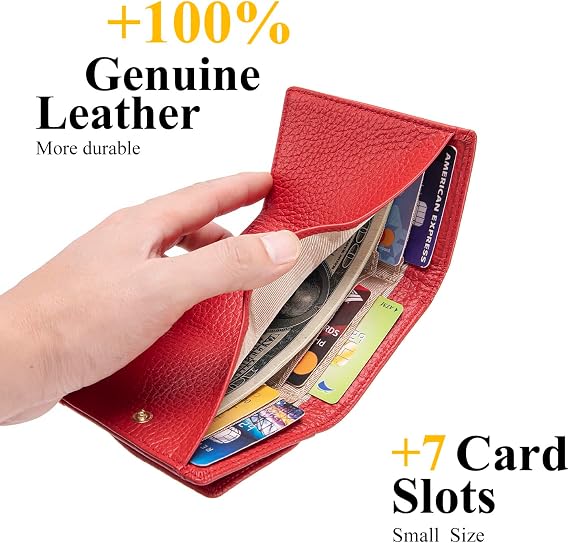 Small Wallet Women Genuine Leather RFID Blocking Trifold Tiny Wallets with Snap Coin Pouch 7 Card Solts