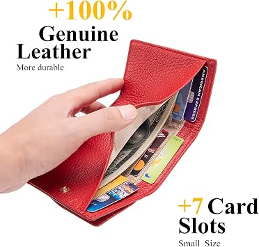 Small Wallet Women Genuine Leather RFID Blocking Trifold Tiny Wallets with Snap Coin Pouch 7 Card Solts