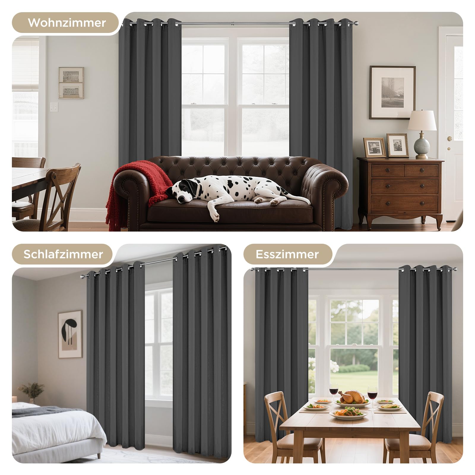 Joydeco Verdunkelungsvorhänge Dunkelgrau mit Ösen 2er Set H 240 x B 140 cm – Bild 4