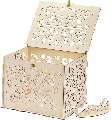 Miniatura 5 de ZENFUN Caja de madera para tarjetas de boda con candado y letrero de tarjeta, caja de tarjeta hueca de madera rústica, caja de recepción de boda