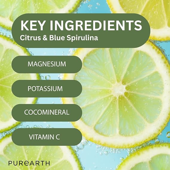 Purearth Electrolyte Hydration Drink – Citrus & Blue Spirulina 180g | Sugar Free Electrolyte Powder with Magnesium & Coconut Water | for Energy, Recovery & Muscle Function | 30 Servings