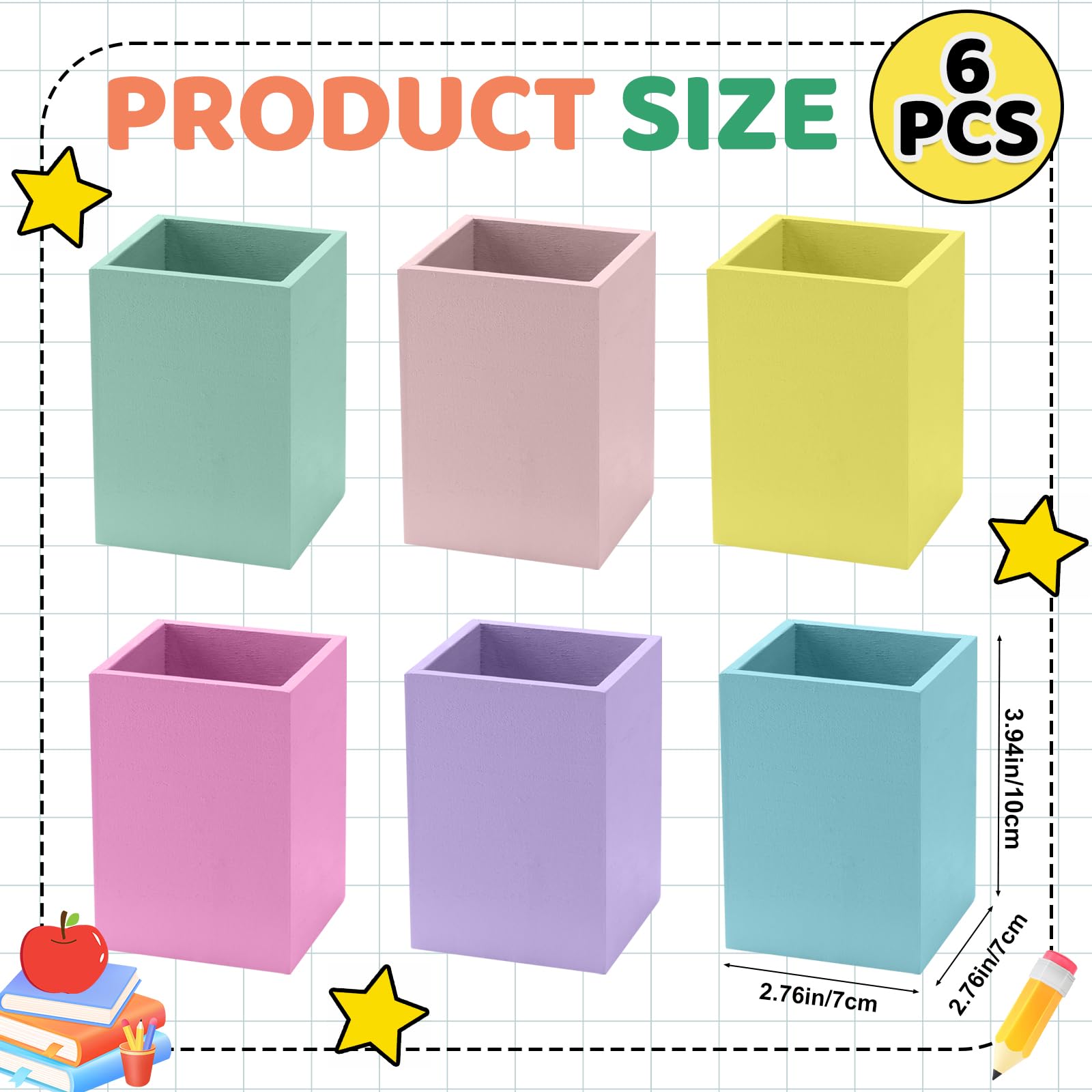 Lebaley Lot de 6 porte-crayons pastel pour salle de classe – Joli pot à crayons en bois pour la rentrée scolaire, distributeur de crayons pour enseignant, étudiant, bureau, décoration de la maison