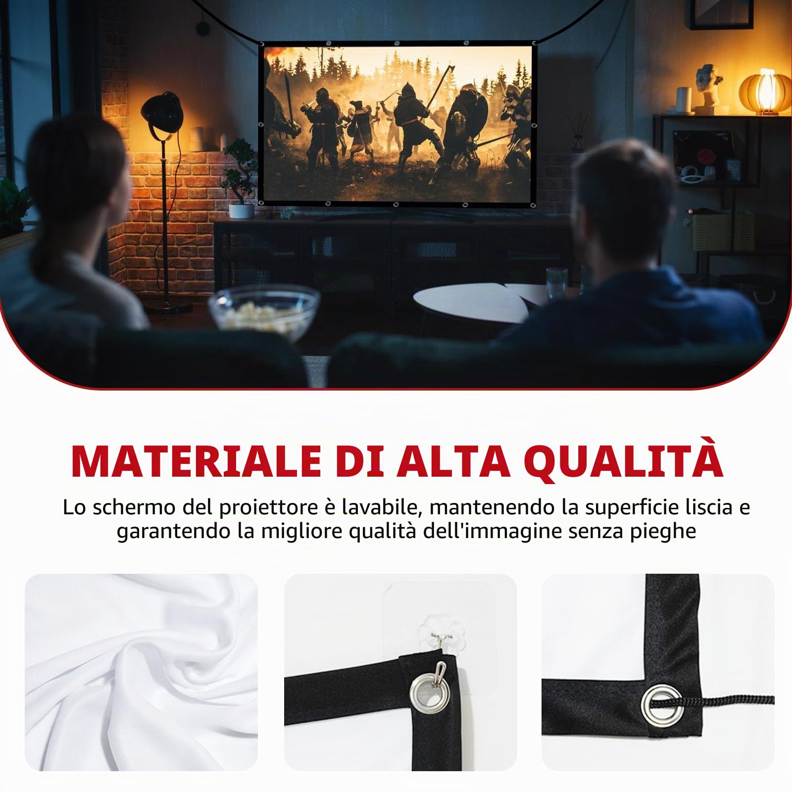 Tela per proiettore da 100 pollici: 16:9 HD 4K Proiettore su tela senza pieghe, pieghevole, portatile, lavabile con ganci e corde per casa, ufficio, scuola e attività all'aperto