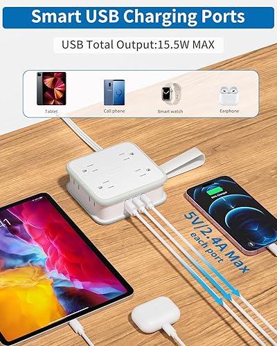 Miniatura 3 de NTONPOWER Cable de extensión plano con 8 tomas amplias, 3 puertos USB, tira de alimentación de enchufe plano, extensor de salida de 6 pies, cable de