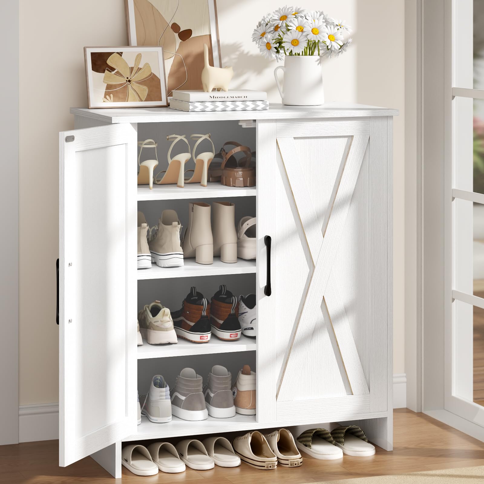 Farmhouse Shoe Storage Cabinet with Doors, 5-Tier Wooden Shoe Cabinet Organizer with 3 Adjustable Shelves, Shoe Rack Shoe Cabinet for Entryway, Hallway, White