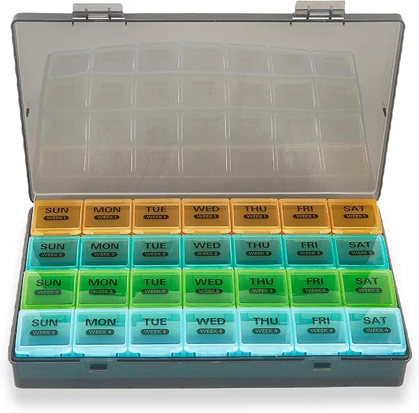 Surfand Monthly Pill Organizer, once a day, 4 weeks a month, 28 days in a large pill box, portable for travel, can hold a large amount of vitamins, supplements, fish oil, and medication (Gray Rainbow)
