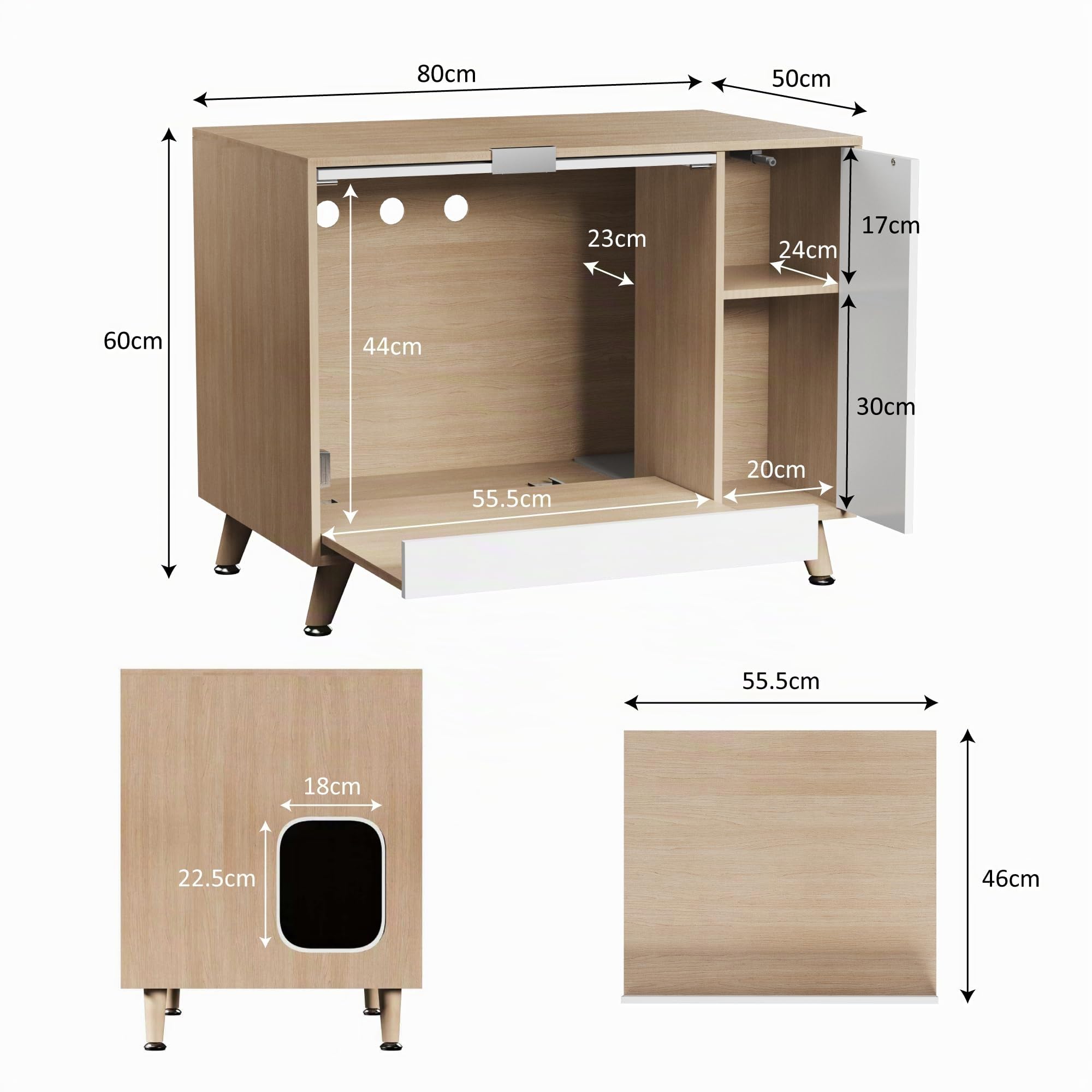 Mueble Arenero para Gatos, Mueble para Esconder la Arena con Puerta Abatible y Bandeja Extraíble, Casa para Gatos con Entrada Lateral y Almacenamiento, Tono Madera