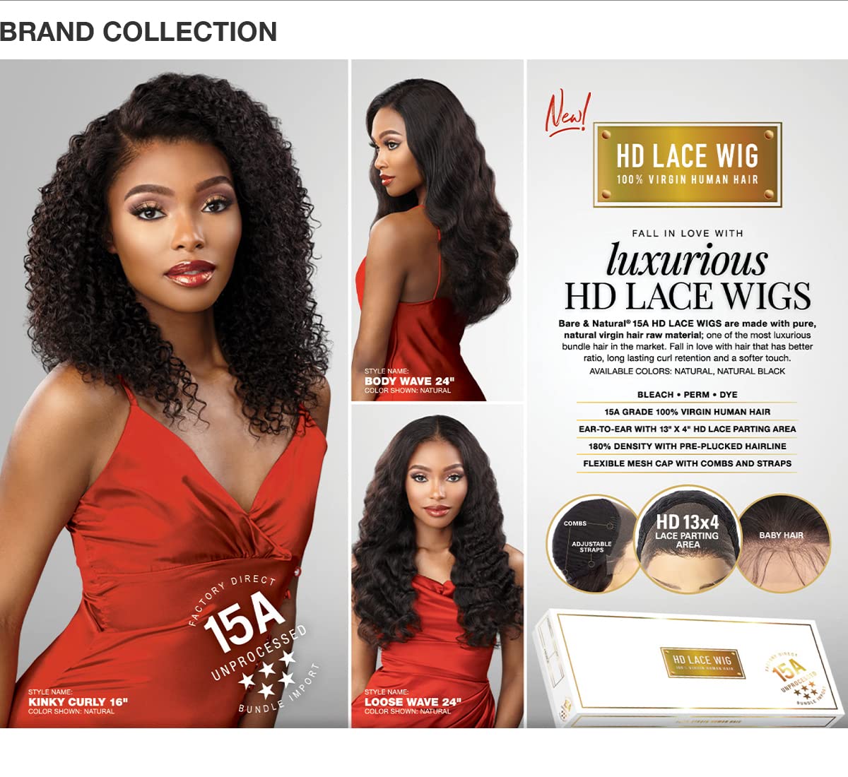 Sensationnel Unprocessed Virgin Human Hair 13X4 HD Lace Front Wig 15A Kinky Curly 16" (NATURAL)