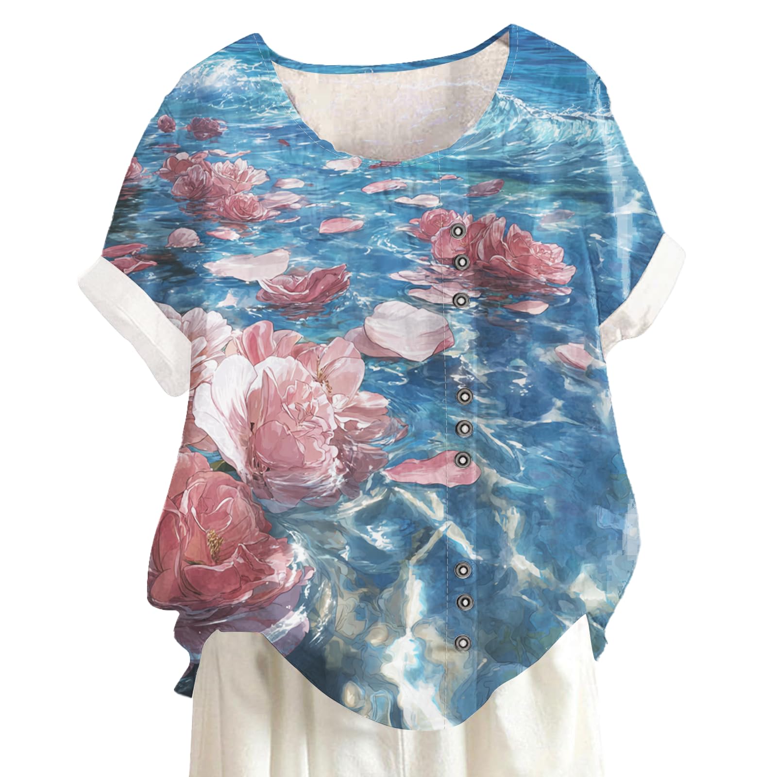 Boho Floral Graphic Shirt Comfy Summer Casual Beach Blouse Fashion Short Sleeve Crewneck Tops Loose Fit Pullover