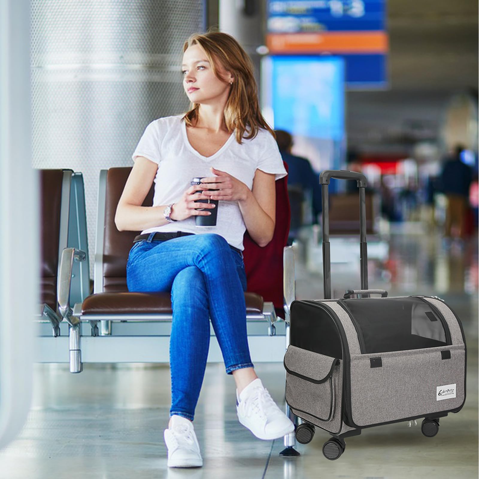 Galatée Reisetasche Für Hunde Mit Abnehmbaren Rollen, Von Fluggesellschaften Zugelassene Transportbox Für Haustiere, Faltbare Katzentasche Mit Atmungsaktivem Netz, Kinderwagen Für Haustiere(Grau)