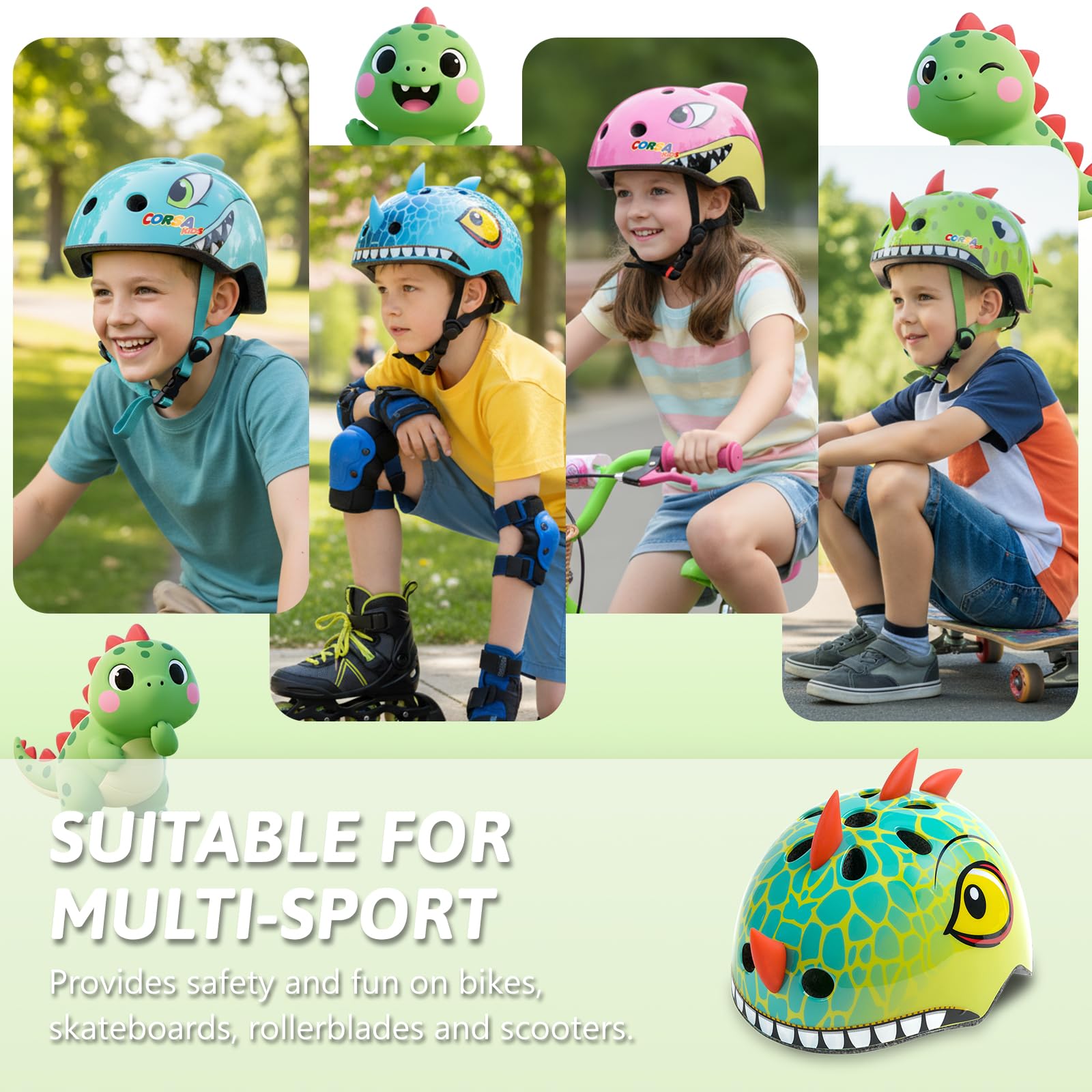 Casco de Bicicleta para niños pequeños con diseño de Dinosaurio, Ajustable y Ligero para niños y niñas, Casco multideportivo para Bicicleta, Scooter, monopatín, 2 tamaños, Desde niños pequeños hasta