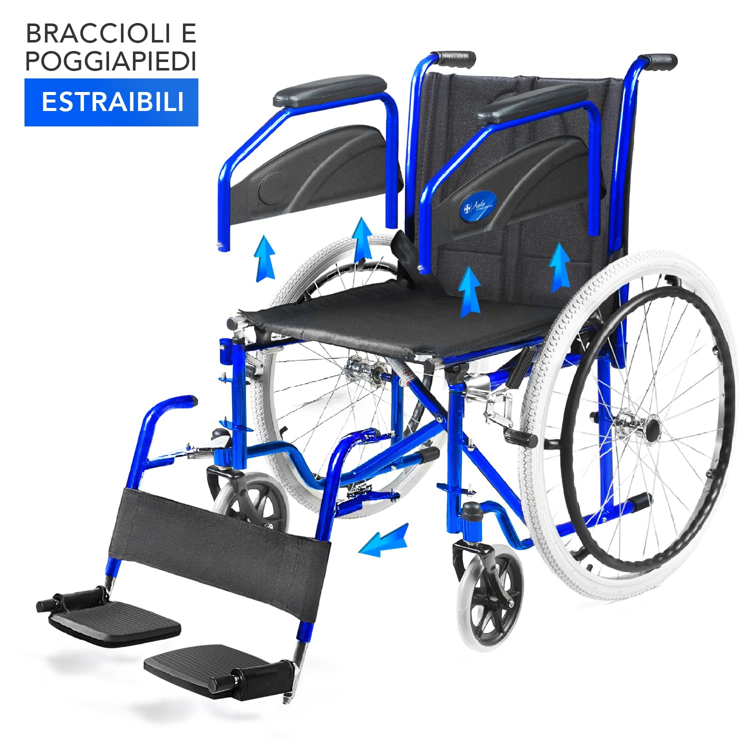 AIESI® Sedia a Rotelle pieghevole leggera per disabili ed anziani AGILA EVOLUTION, Cuscino antidecubito in gel, Braccioli e poggiapiedi estraibili, Cintura di sicurezza, Garanzia Italia 24 mesi
