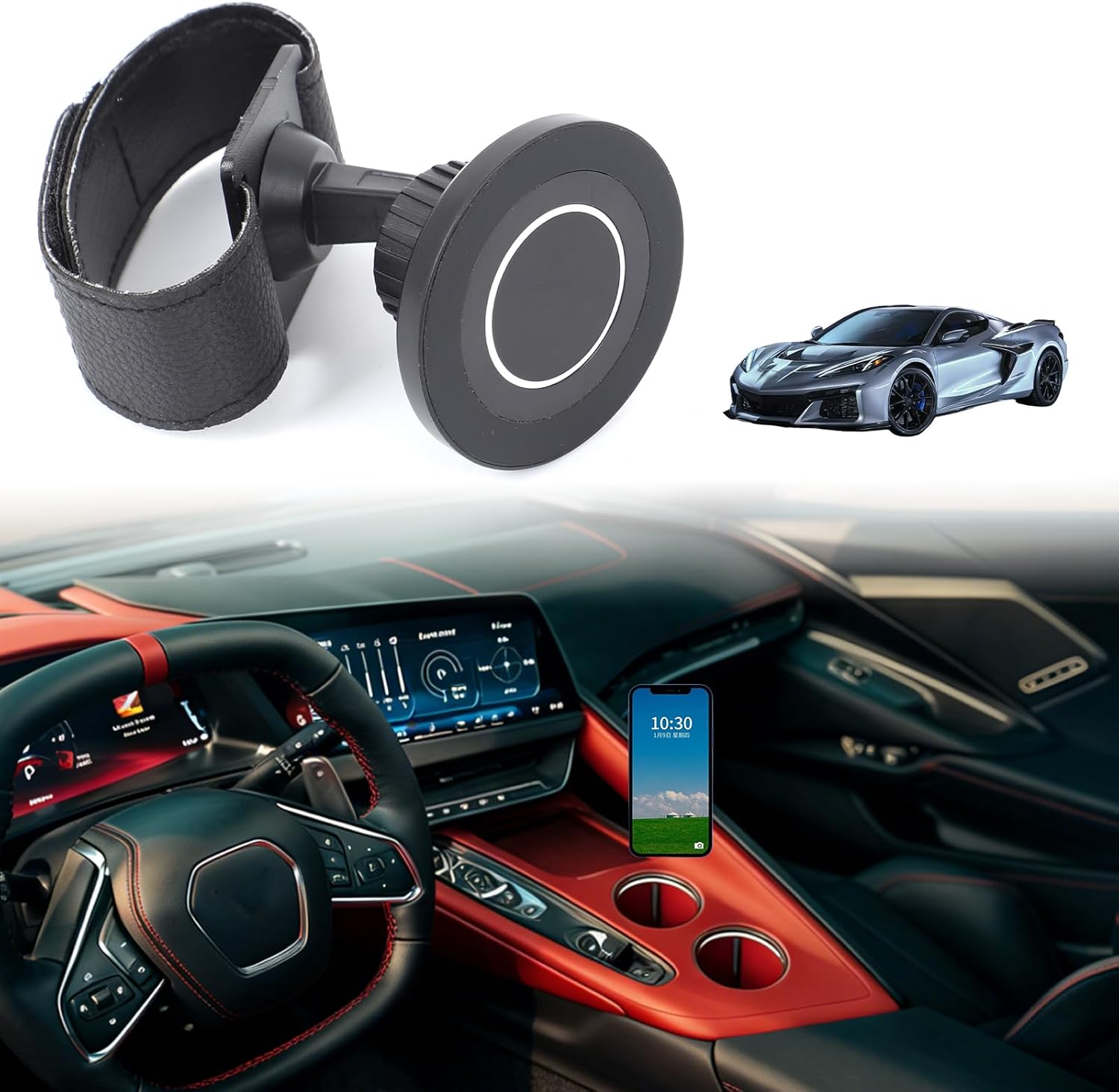 Car Phone Holder for Corvette C8 2026+ Aluminum Center Console 360 Rotatable Handle Fixed Mobile Phone Mount Holder for Car Fit for iPhone Android Smartphones (F)