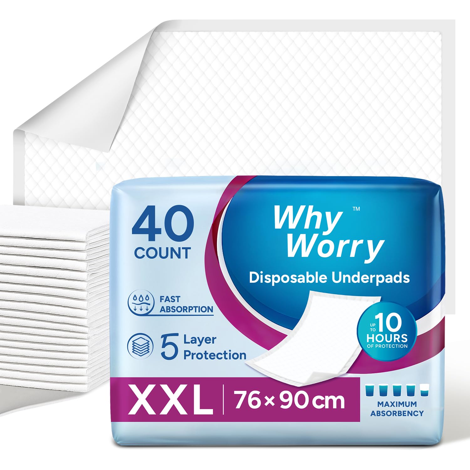 Whyworry White Disposable Incontinence Bed Pads 76 X 90 Cm, Bed Wetting Mats For Adults, Underpads, Pee Pads, Mattress Protectors, Waterproof Bed Sheets For Babies & Children, 40 Count