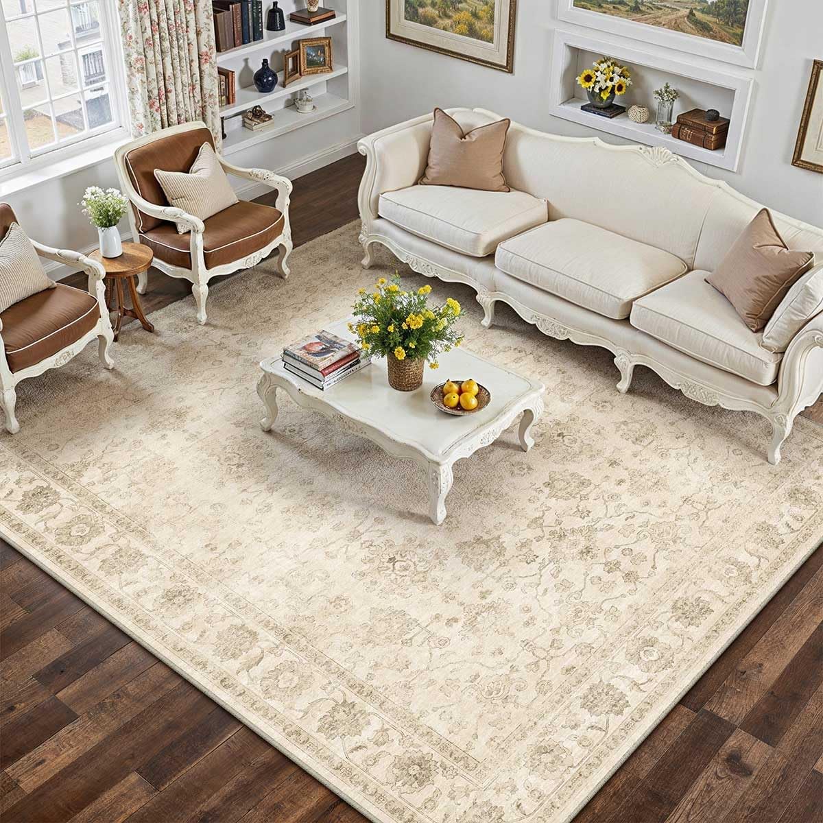 6x9 Washable Area Rug for Living Room Bedroom Begie Vintage Distressed Rustic Carpet Non-Slip Low Pile Lightweight Vacuumable Soft Throw Rug for Indoor Dining Room Office