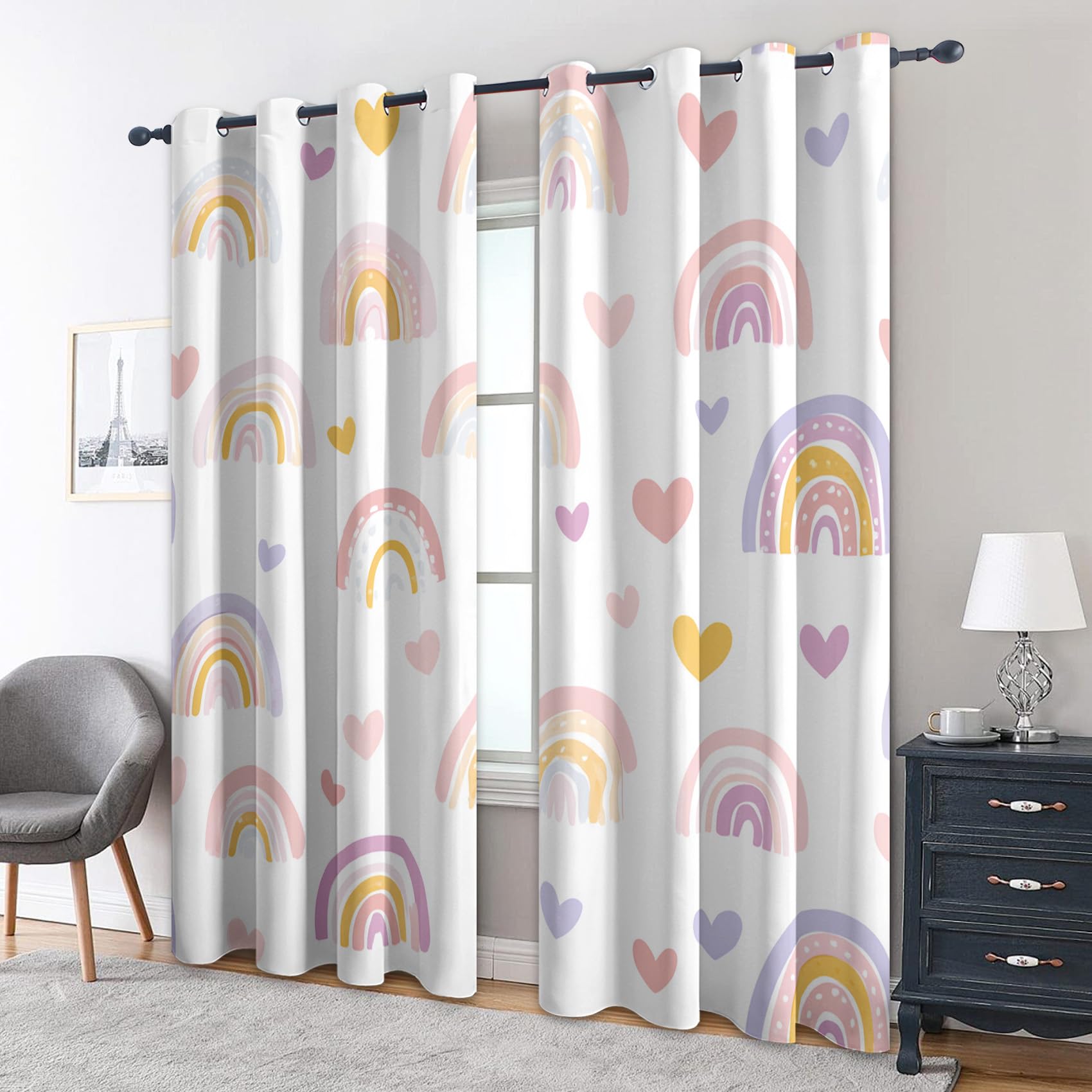 Generisch Herz Regenbogen Gardinen Blickdicht 2er Set, Vorhänge Mädchen Kinderzimmer Motiv mit Ösen, Wohnzimmer Schlafzimmer Deko, Thermovorhang Verdunkelung, H 175 x B 140 - M497