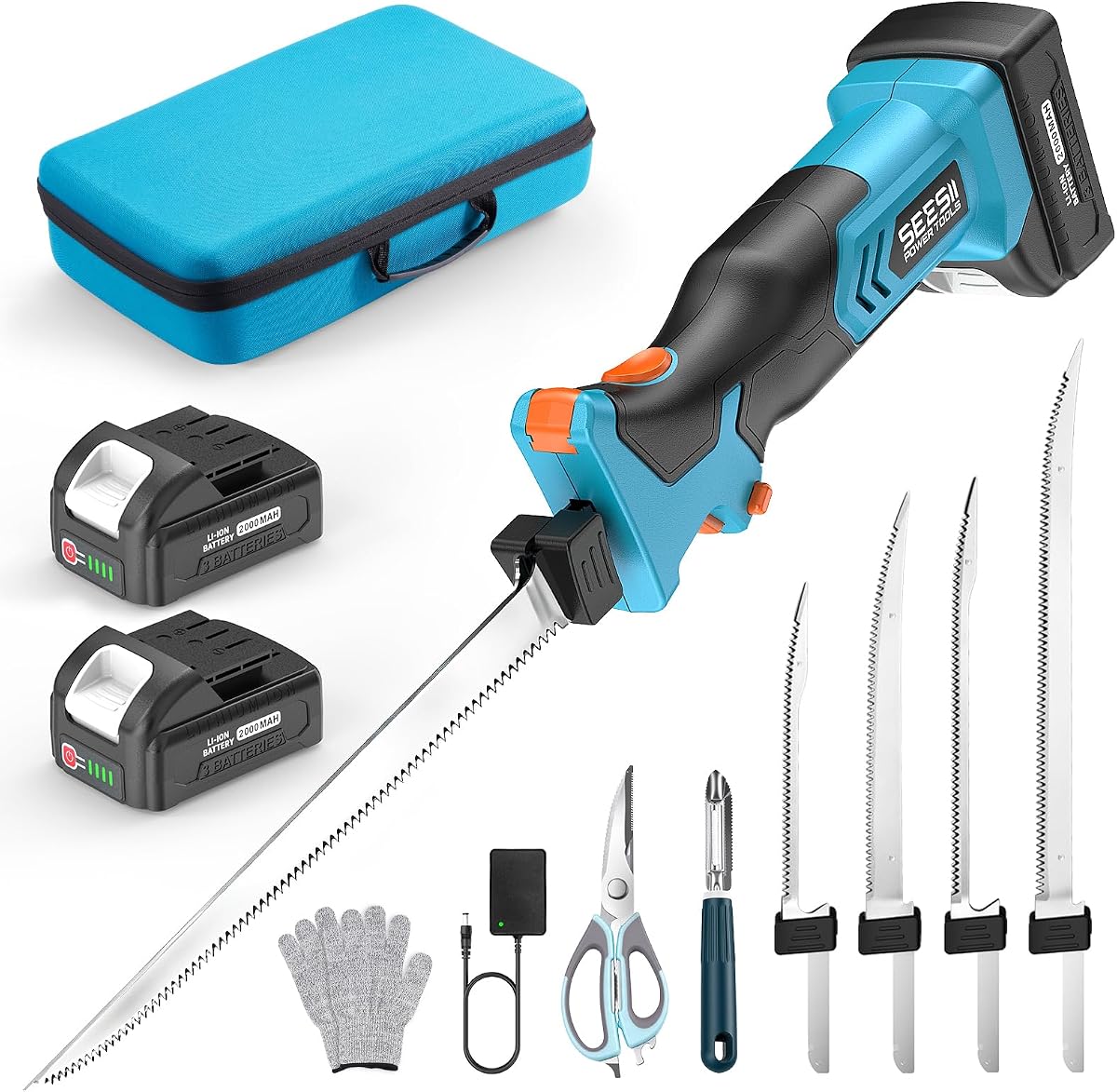 Seesii Cordless Electric Fillet Knife with 4 Blades for Fishing Filleting | 4 Blades, 2 x 2000mAh Batteries, Safety Switch, Non-Slip Handle, Carry Case