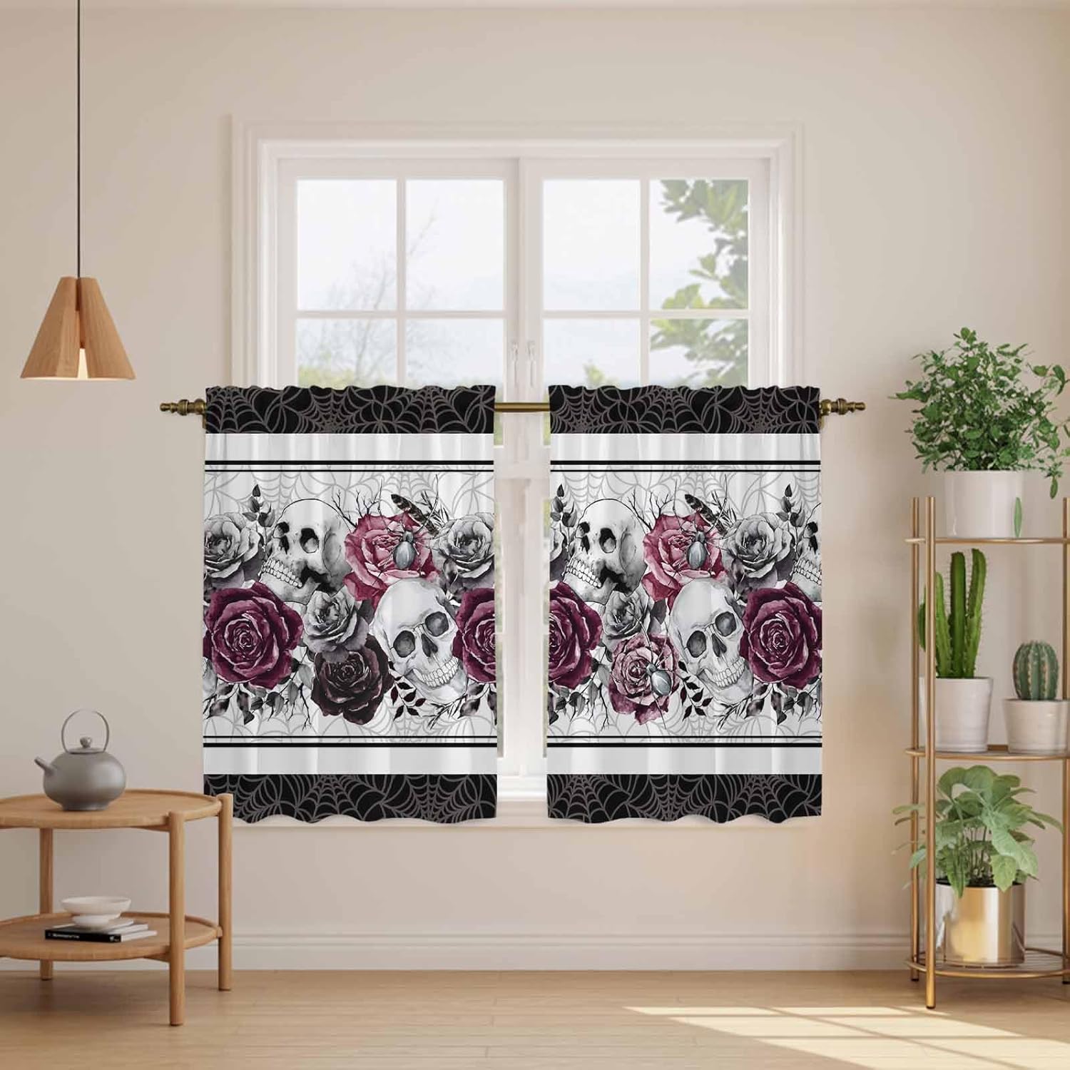 Halloween Kitchen Curtains 45 Inch Long 2 Panel Set, Rod Pocket Window Treatment, Black Purple Skull Roses Horror Flower Light Filtering Panels Short Drapes for Bathroom Camper 42"W x 45"L