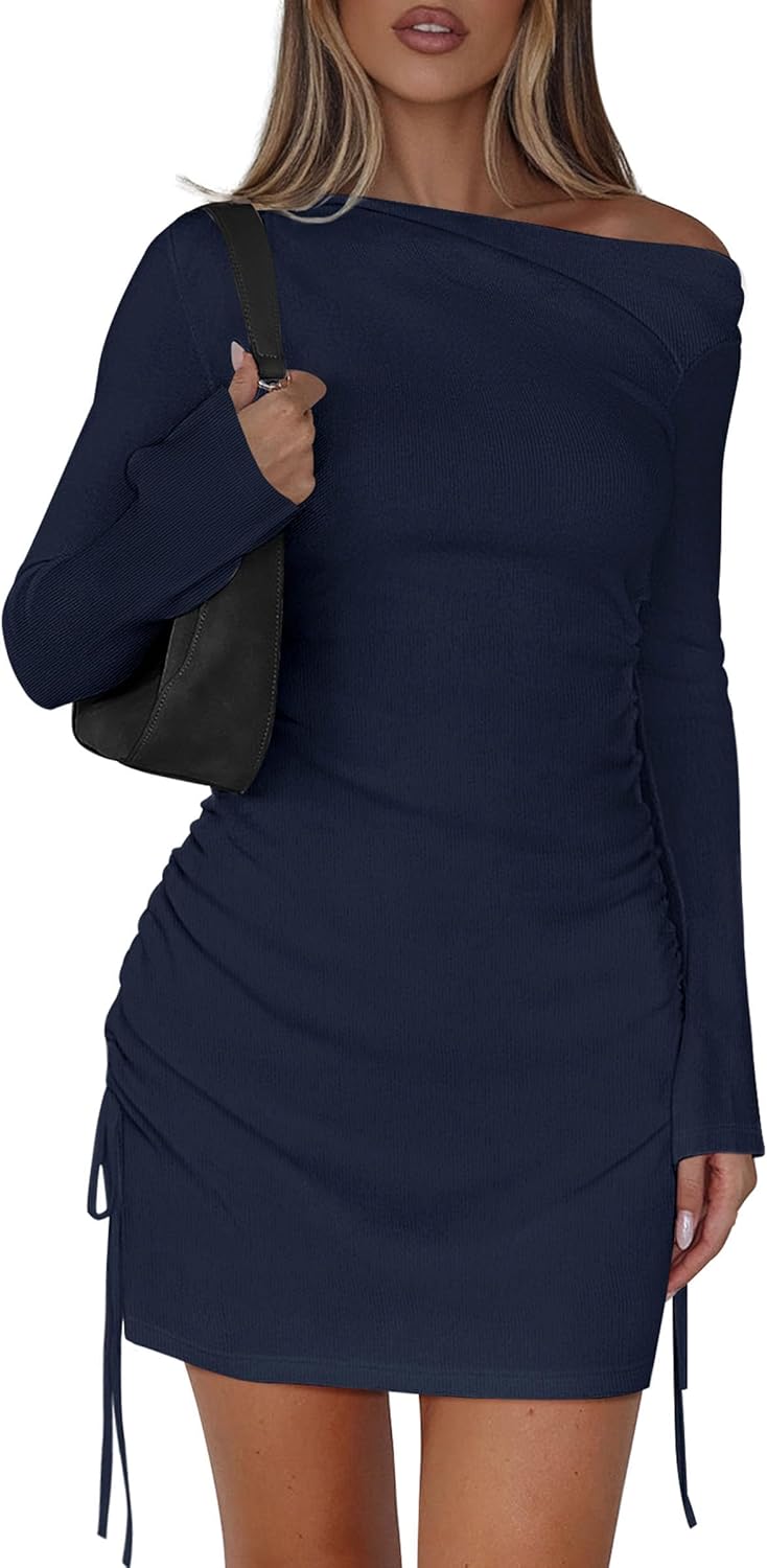 PRETTYGARDEN Long Sleeve Dress for Women 2026 Fall Off The Shoulder Cocktail Party Spring Mini Ruched Bodycon Dresses