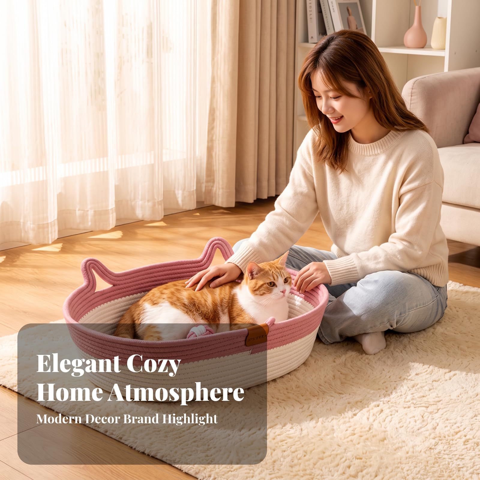 Cuccia Intrecciata per Gatti Comodo, 麻藤席窝-粉色, 特大号60 45cm | Morbido, Moderno, Letto per Gatti in Corda di Cotone, Soggiorno, Cuccioli