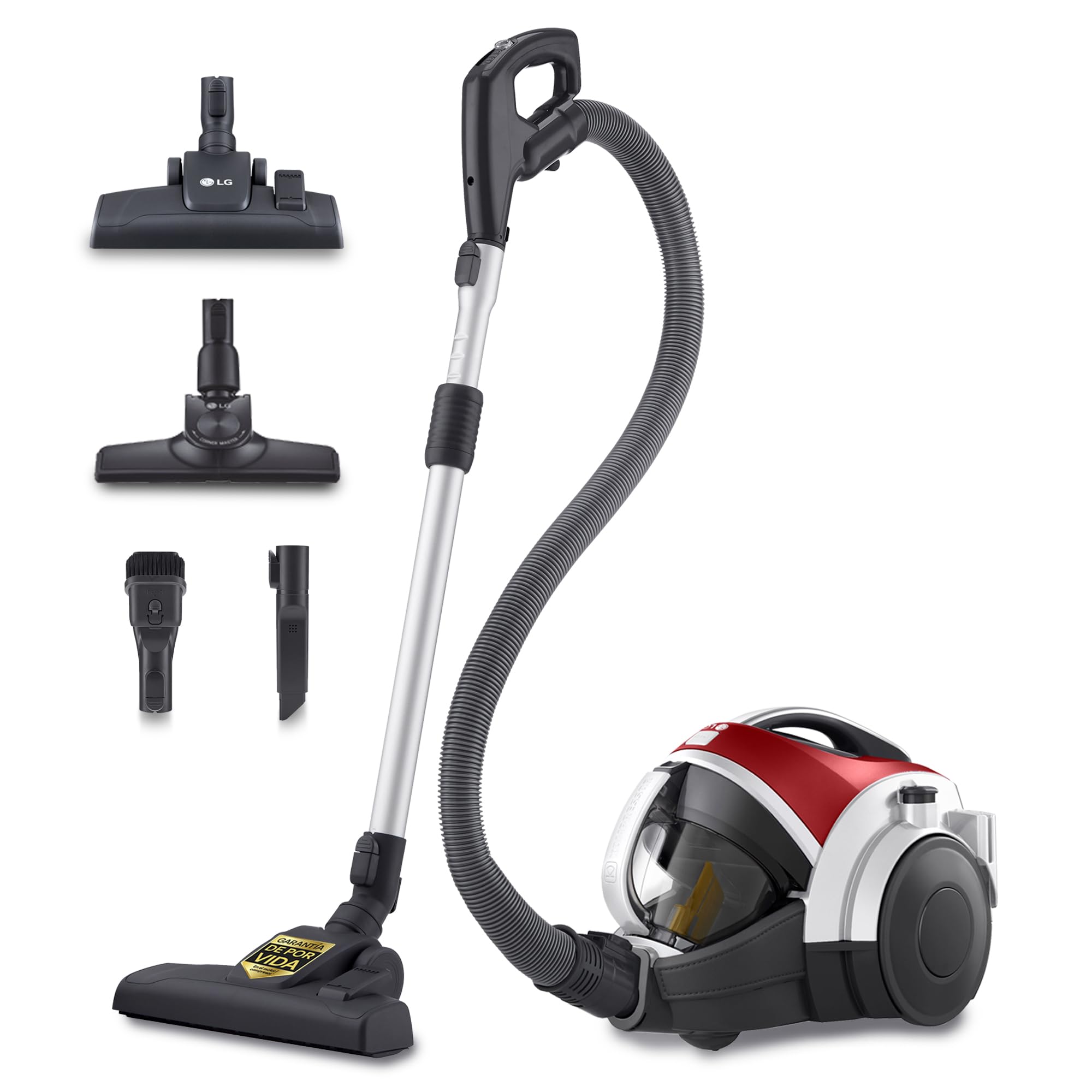 LG VK8506NHAG - Aspirador sin Bolsa 650W, Sistema Kompressor, Turbo Ciclónico, Aspiradora Tubo Telescópico, Depósito 1,​2Lx3, Regulador Potencia, Cepillo Corner + 2 en 1 Alfombra-​Suelos, Rojo