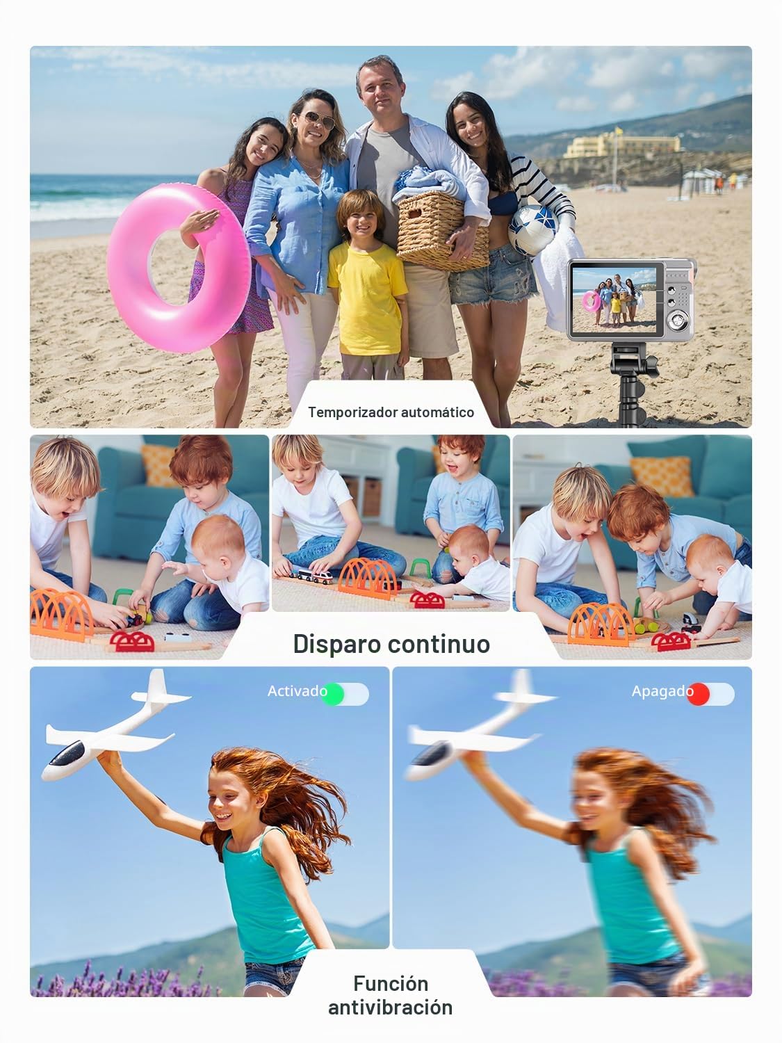 Andoer Cámara digital de 48 MP, TFT de 2,8 pulgadas, enfoque automático, zoom digital de 16x, función antivibración, reconocimiento facial, grabación de sonrisas, con 2 baterías, tarjeta TF de 32 GB,