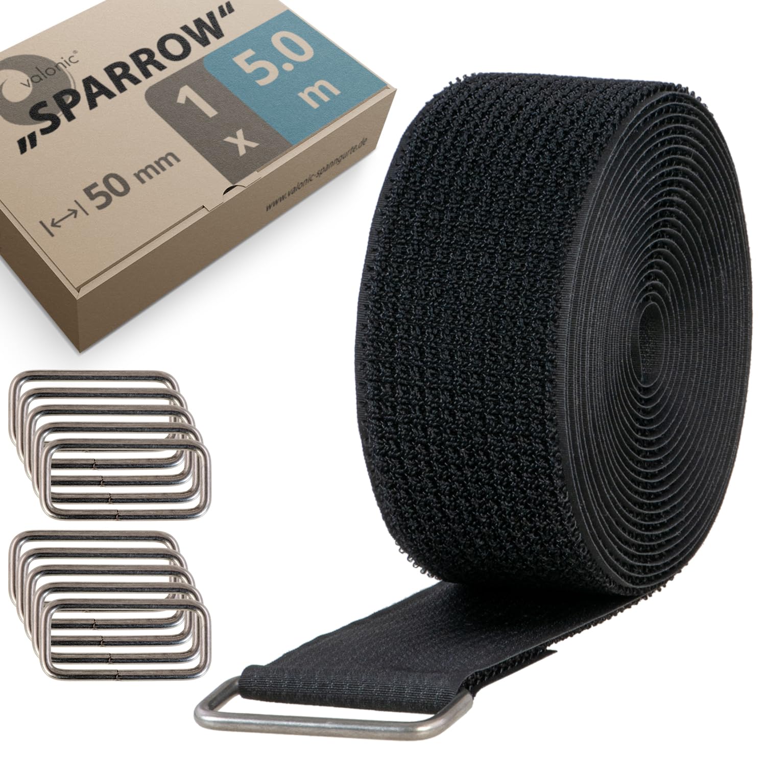 valonic Sparrow – Strong Velcro Tape, 5 m, 50 mm, incl. 10 Metal Rings, Black, Ties for Cable Management, Hook and Loop Straps, Fastener