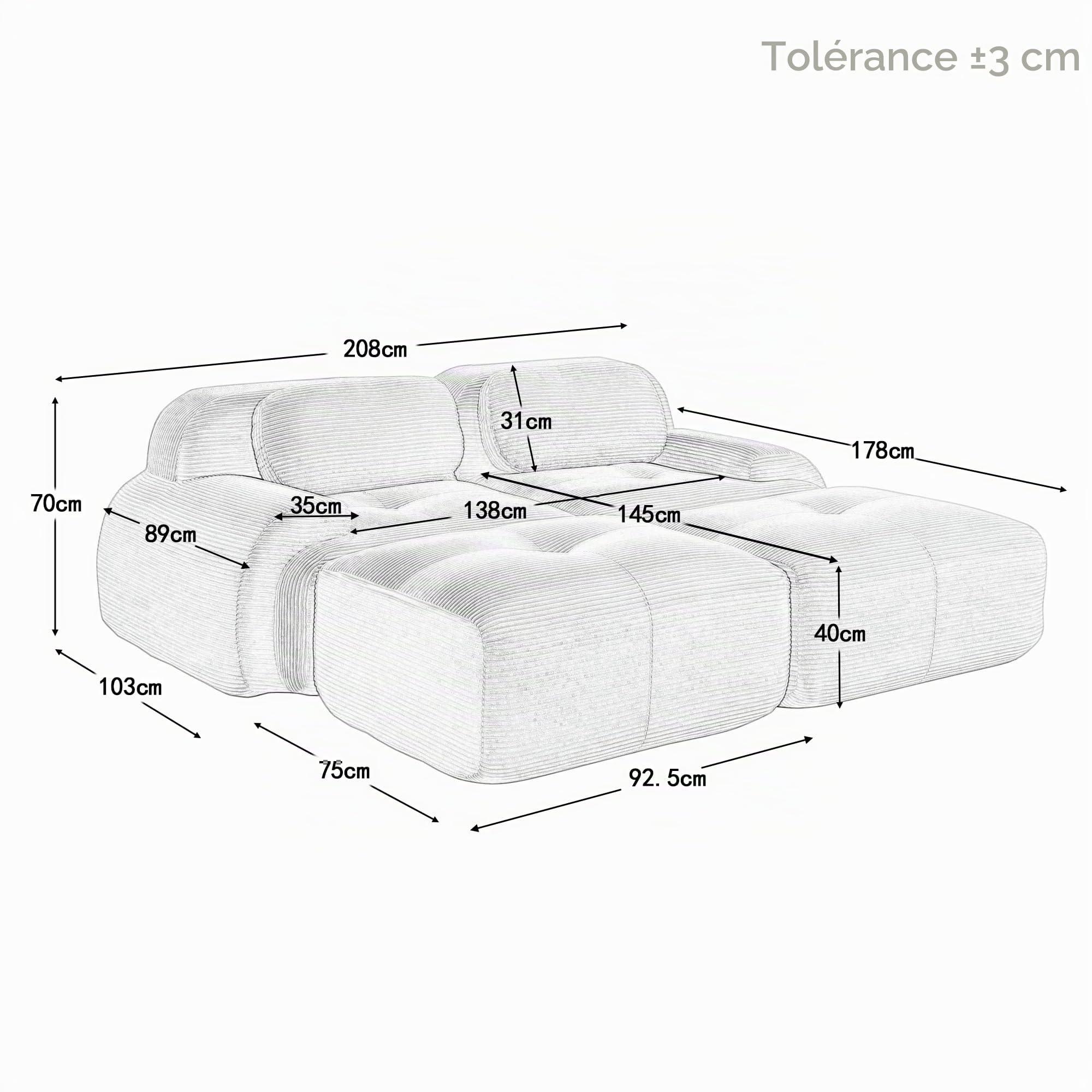 Canapé-lit Modulaire Désossé, Velours côtelé Canapé 2 Places et 2 Pouf, Configuration Libre, Loveseat Longue Canapé de Salon, sans Montage