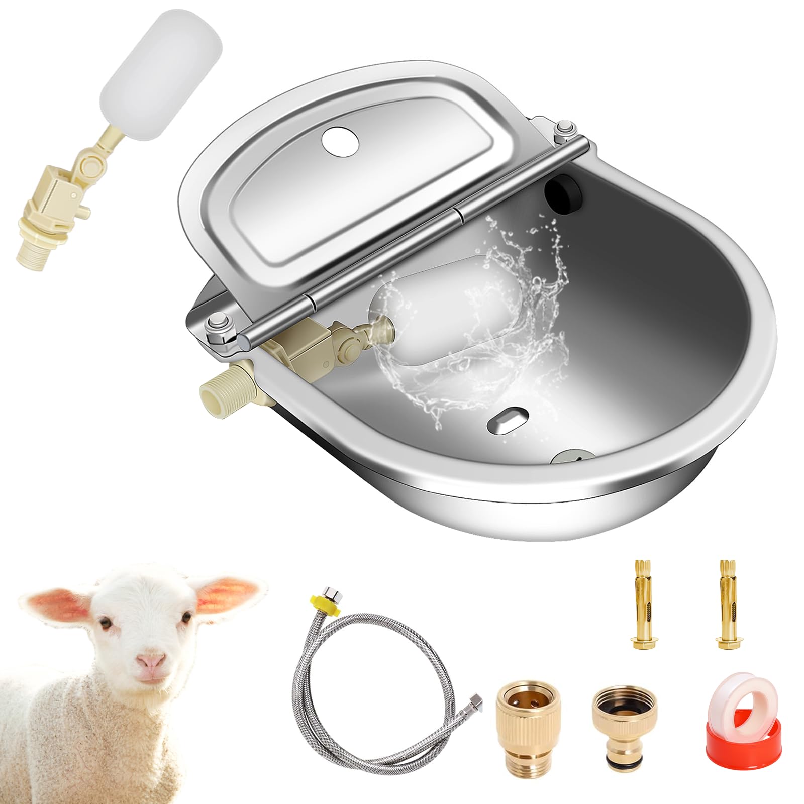 Automatic Livestock Water Bowl-304 Stainless Steel Water Bowl with Dual Float Valves, 39 inch Water Hose, Quick Hose Connector, Pet & Livestock