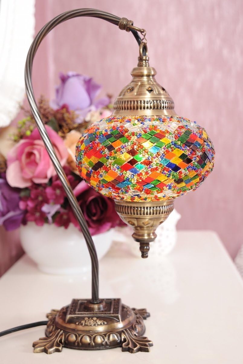 Lampe De Table Turque En Mosaïque De Verre – Style Ancien, Finition Laiton – Fabriquée En Inde (NEUF)