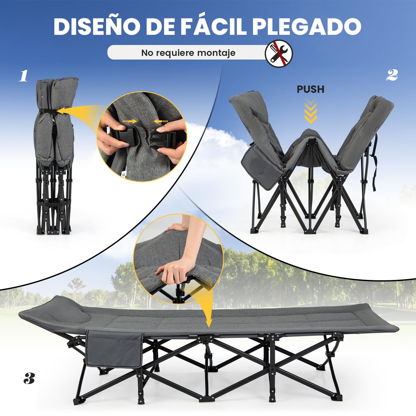 COSTWAY Cama Plegable Camping, Cama Camping con Cojín Cómodo, Reposacabezas y Bolsillo Lateral, Catre Plegable Camping, Bolsa de Transporte, Peso Neto 6,8kg, 190 x 68,5 x 48,5 cm