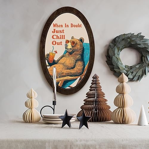 Miniatura 5 de Wheatwin Relax Bear Oval Wall Art  Retro Animal Print for Living Room Decor, Funny Chill Vibes Lounge Artwork, Rustic Cabin Wall Decorations for
