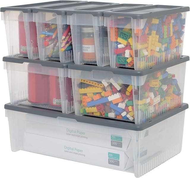 CleanPEAK Set of 7 Stackable Plastic Storage Boxes With Lids - 1 Large, 2 Medium and 4 Small Boxes