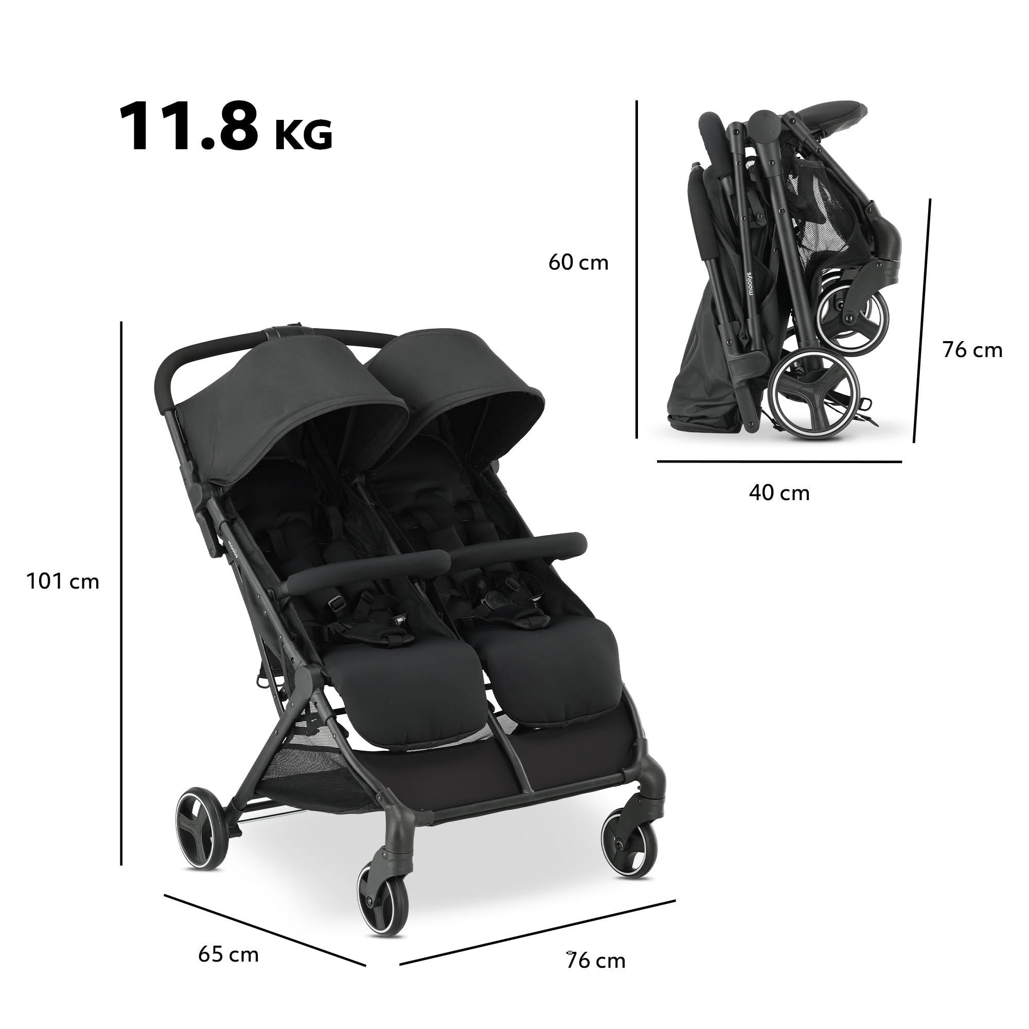 Tess Doppel-Kinderwagen Geschwisterwagen ab Geburt bis 4 Jahre 22 kg leicht zusammenklappbar freistehend großer Staukorb inkl. Regenverdeck Schwarz
