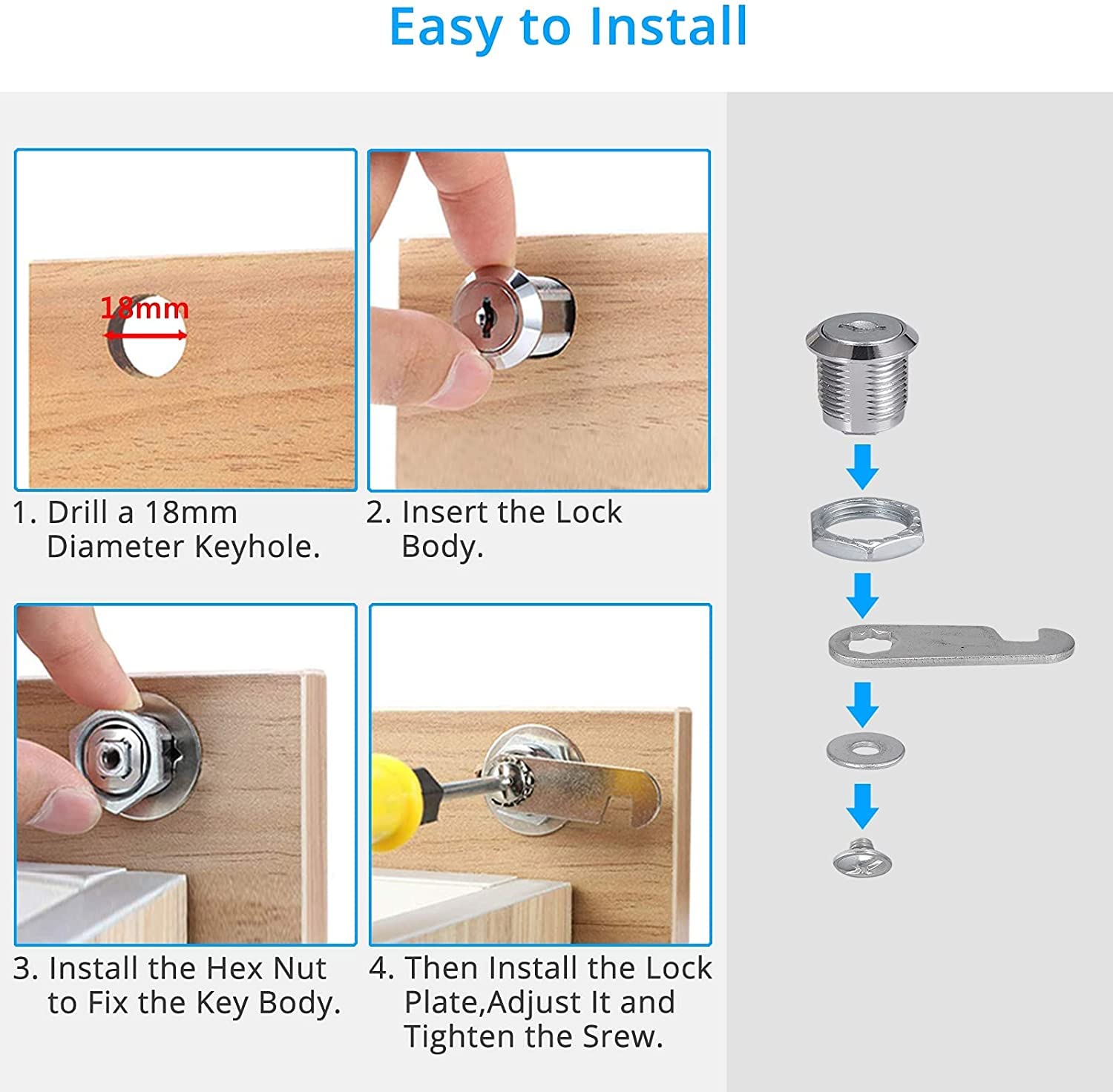 Cylindre, Serrure De Porte À Tour De Pouce Serrure À Cylindre Euro À Tour De Pouce, Serrure À Came 4Pcs 16mm 20mm 25mm 30mm Serrure À Came Porte Baril Tiroir Armoire Boîte Aux Lettres Casier Placard 2