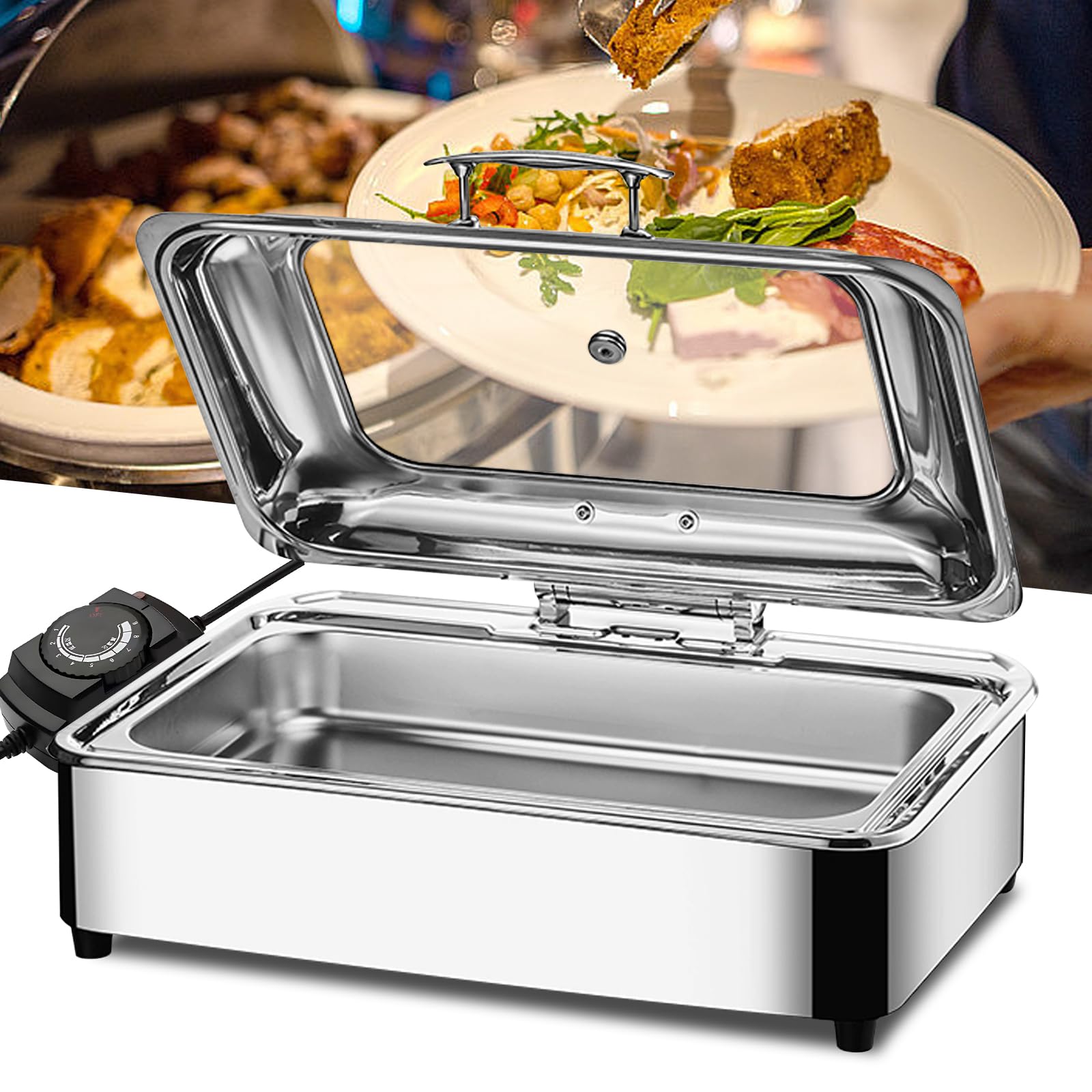 Chafing Dish Elettrico Professionale, 9L Scaldavivande Elettrico per Buffet, Acciaio Inox Chafing Dish Buffet con Coperchio Trasparente, Temperatura Regolabile (1/1)
