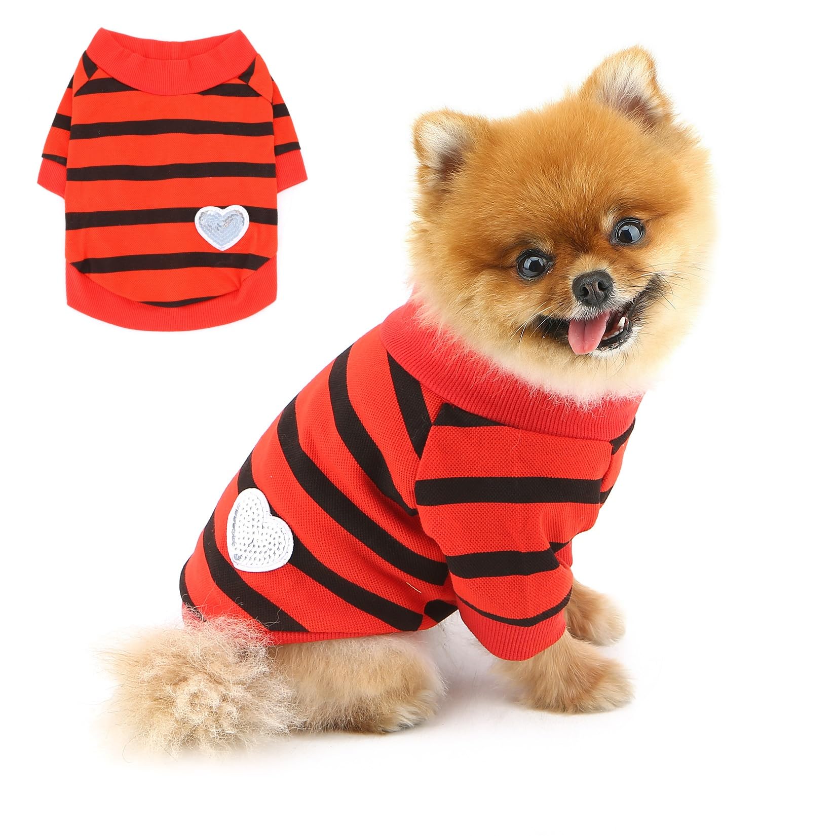 PAIDEFUL Striped Dog Shirt for Small Dogs, Soft Cotton Jersey Puppy T-Shirt with Sequins Heart, Breathable Short Sleeve Summer Pet Vest for Chihuahua Yorkie Cats,Red,M