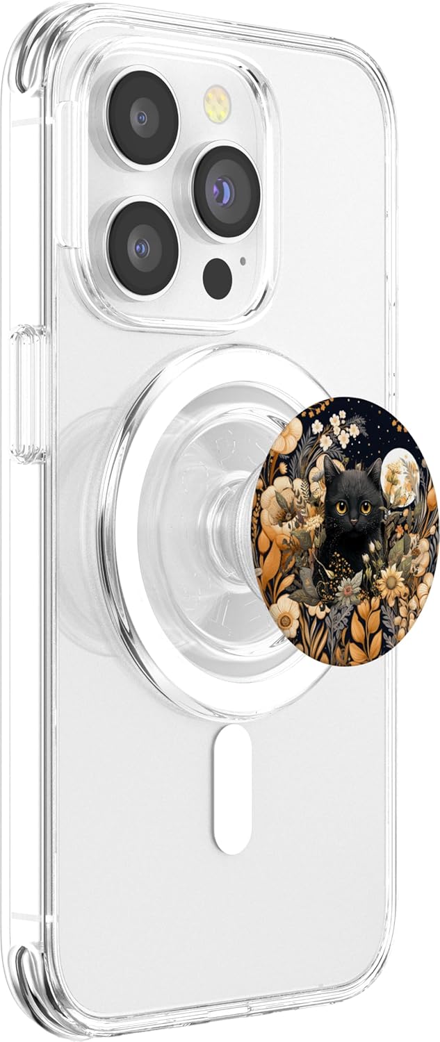 Black Cat Moon Phase Astrology Celestial Botanical Flowers PopSockets MagSafe PopGrip for iPhone