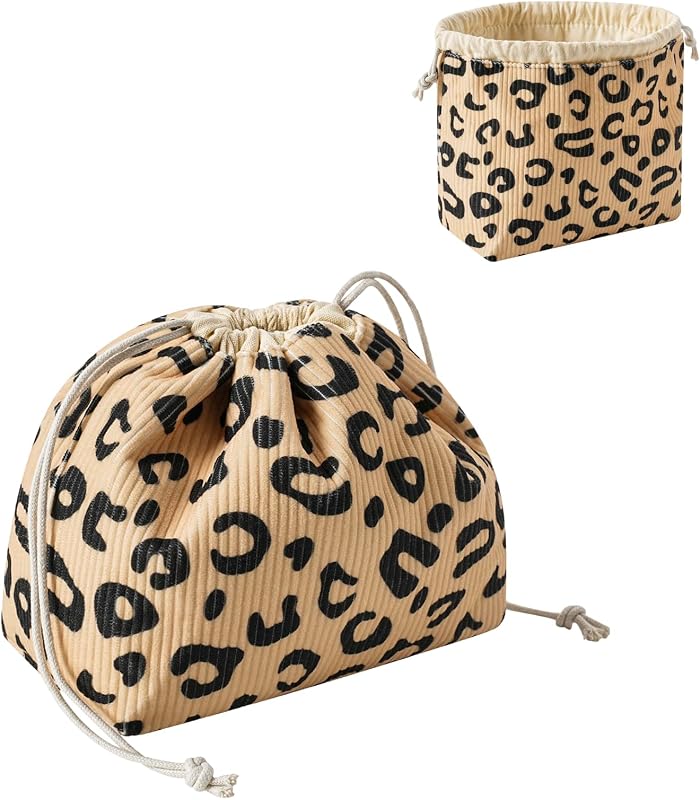 Necessaire de maquiagem em veludo cotelê RSRSLEII com cordão, forro de lona e estampa 09Khaki Leopard Print