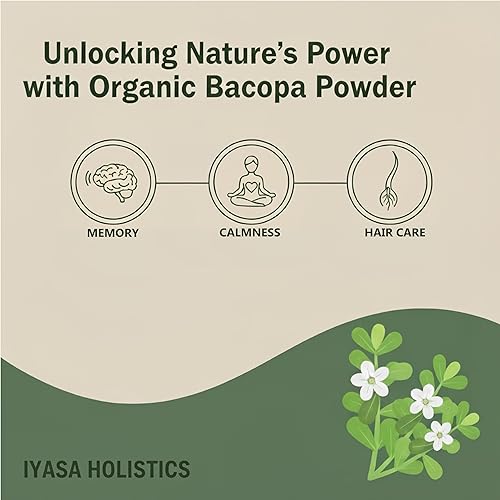 Vista 5 de Polvo de bacopa orgánico (hoja de Brahmi), superalimento ayurveda orgánico certificado, tónico para el cabello y el cerebro, bolsa resellable de 8