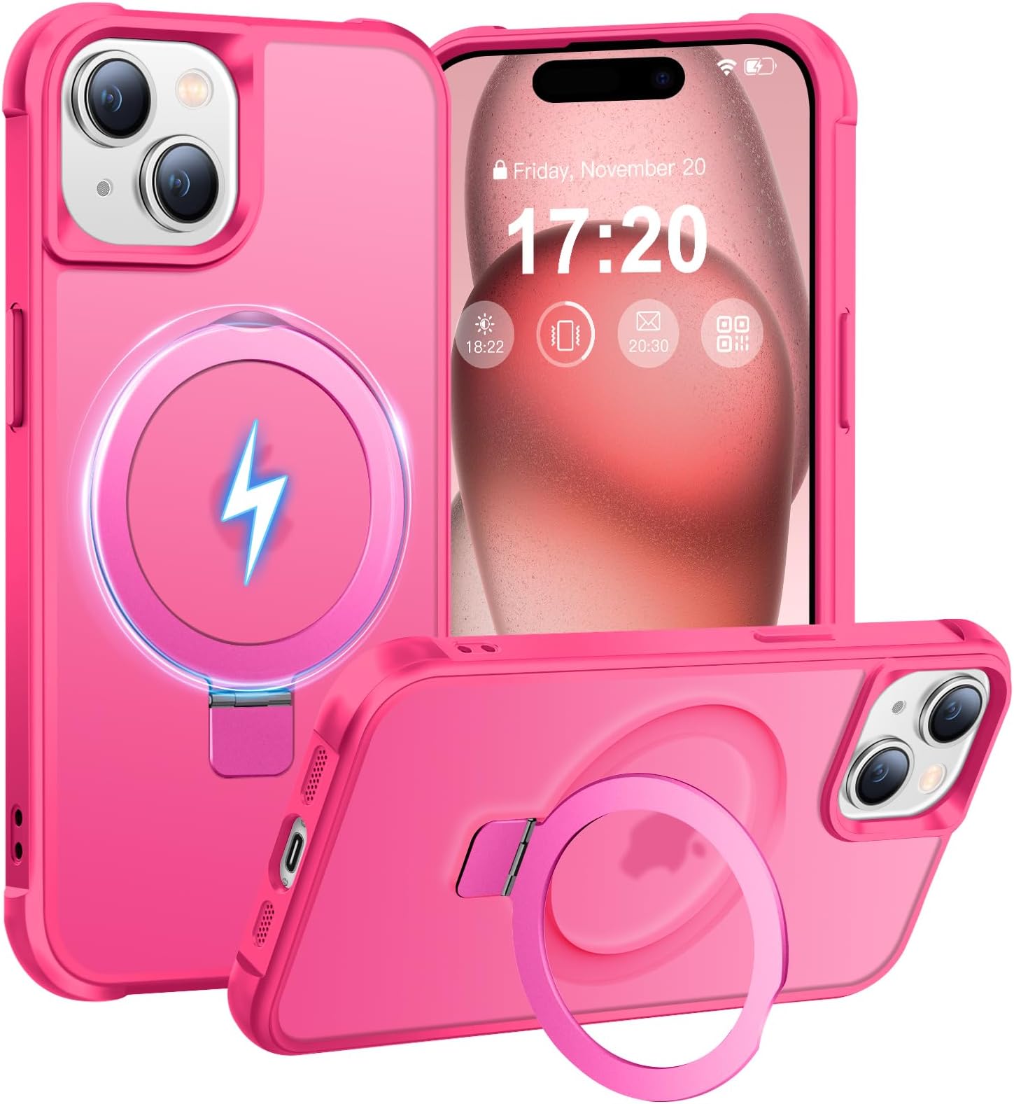 Magnetic Ring Stand Case for iPhone 15-120° rotatable Stand, N52 magne, Shockprooft, Non-Slip, Matt Transparent Back, Easy to Clean, Military Standard Drop Protection (Rose Red)