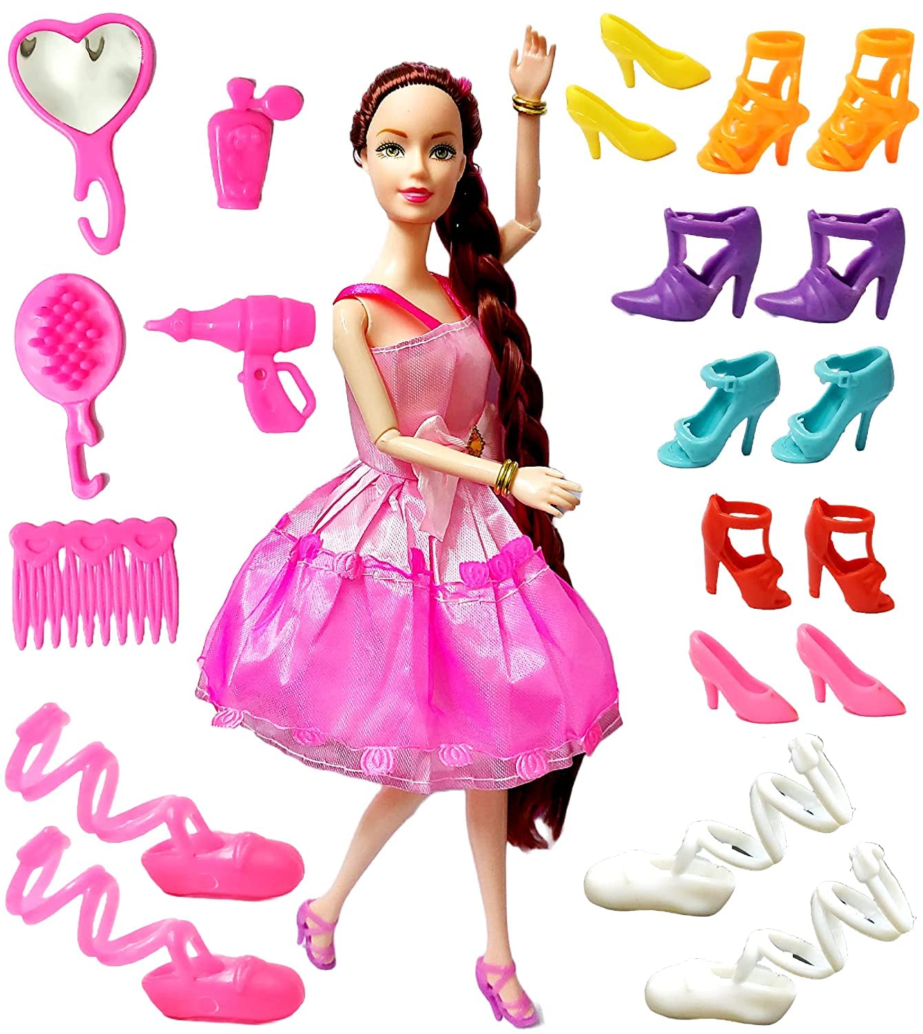 BKDT Marketing Beautiful Dazzling Doll Toy with Moveable Arms, Legs, Elbow & Knee for Girls - Doll with Accessoires Like Shoes,Comb-image-8