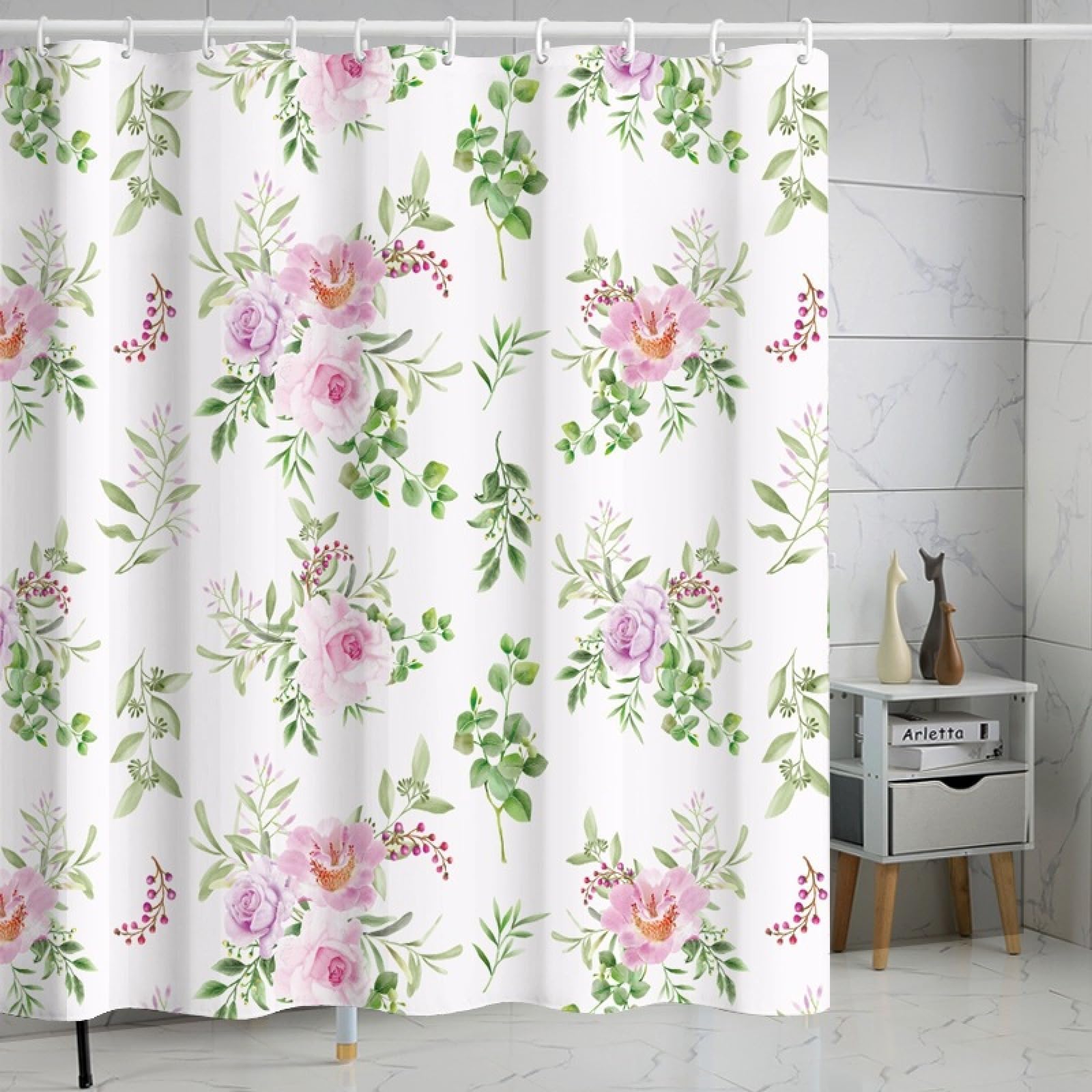 Shower Curtains Pink Green Elegant Wet Room Shower Curtain Mould Proof Resistant Waterproof Polyster Fabric Washable with 12 Hooks Garden Bathroom Curtains (180x180cm)