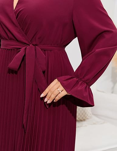 Miniatura 5 de KOJOOIN Vestido de mujer de talla grande con cuello en V plisado y dobladillo plisado, manga larga, elegante, casual, vestido midi con cinturón